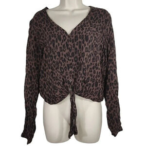 Cloth and Stone Brown Animal Leopard Print Top Women Size S Tie Front Long Slv
